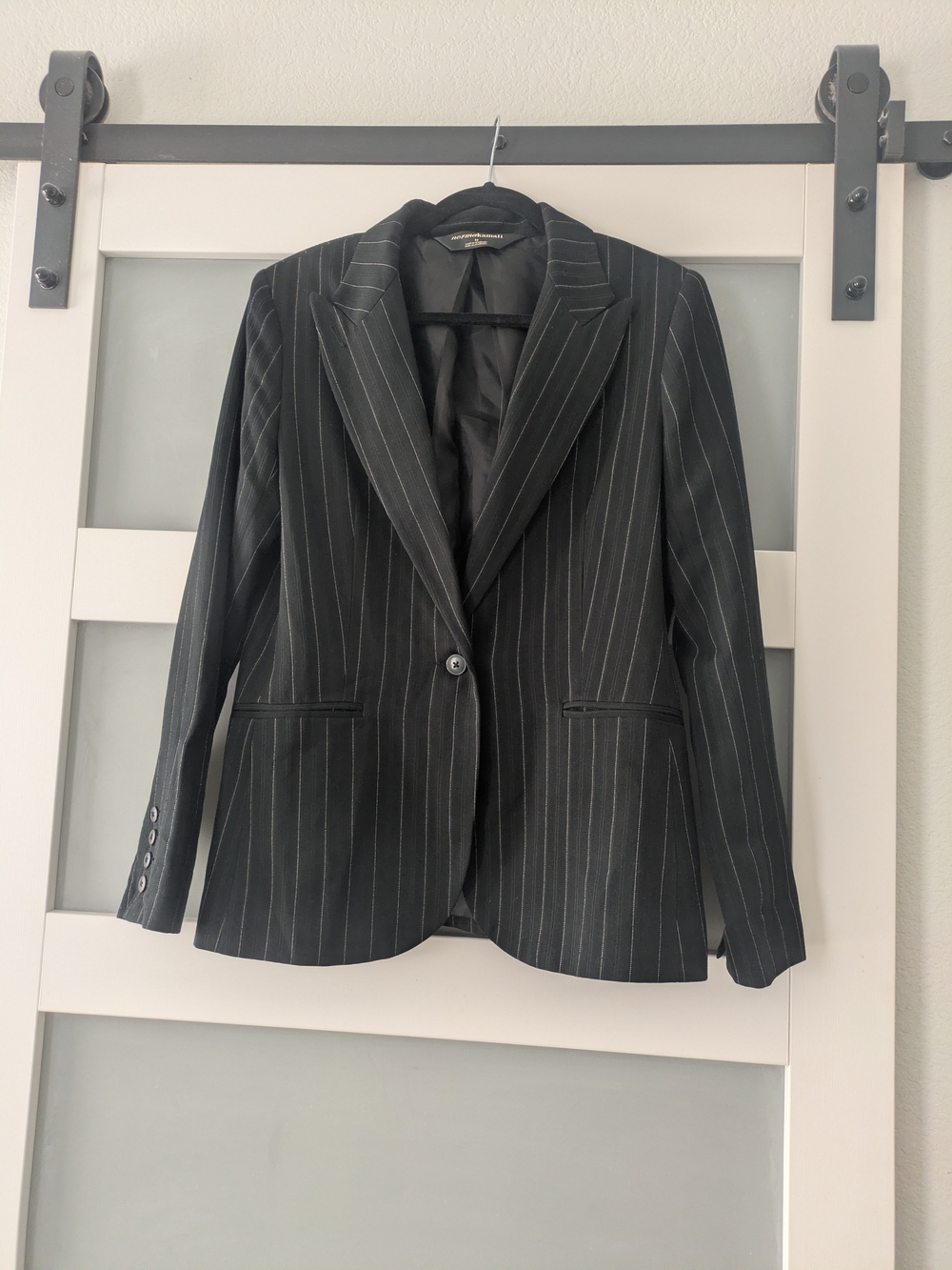 Norma Kamali Black Pinstripe Single-Button Blazer